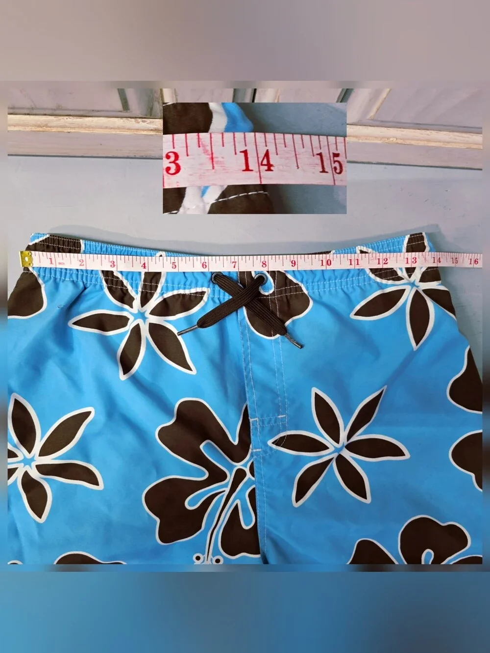 Vtg Y2K Hawaiian Hibiscus Board Shorts Swim Trunks Sky Blue Brown Youth Large